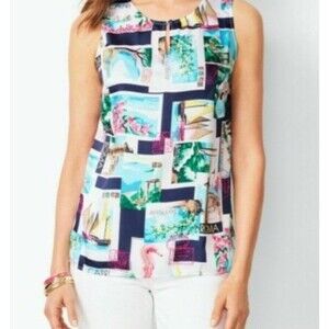 Talbots Women's Keyhole Sleeveless Postcard Print Top Sz XLp
